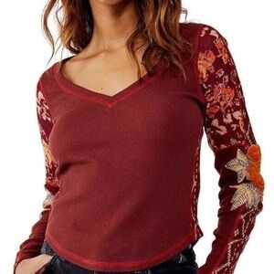 Free People Amara Burgundy Floral Long Sleeve Top